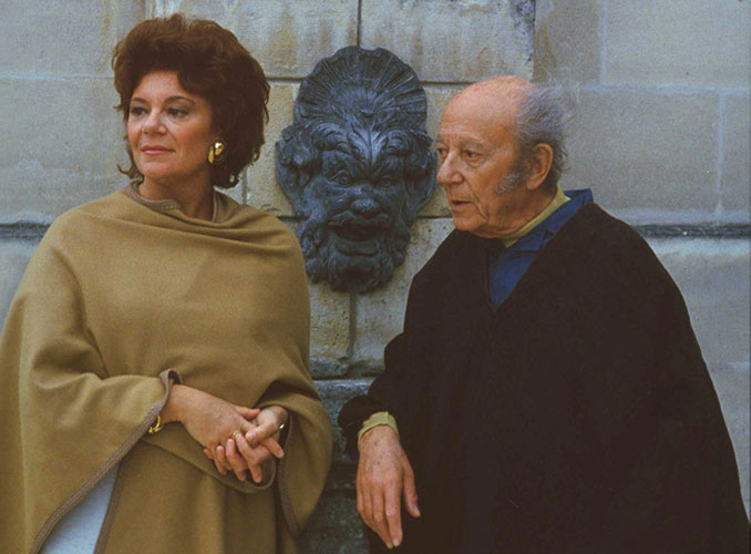 <p>Baroness Philippine de Rothschild and Baron Philippe at Mouton in 1984, before the Silenus Fountain.</p>
