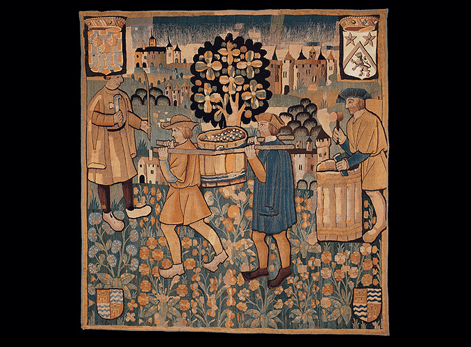 <p><b>The Tub</b><br />
Tapestry, part of a five-piece set depicting winemaking tasks – Wool</p>
<p>Height 270 cm, width 275 cm<br />
Southern Netherlands – First quarter of the 16<sup>th</sup> century</p>
